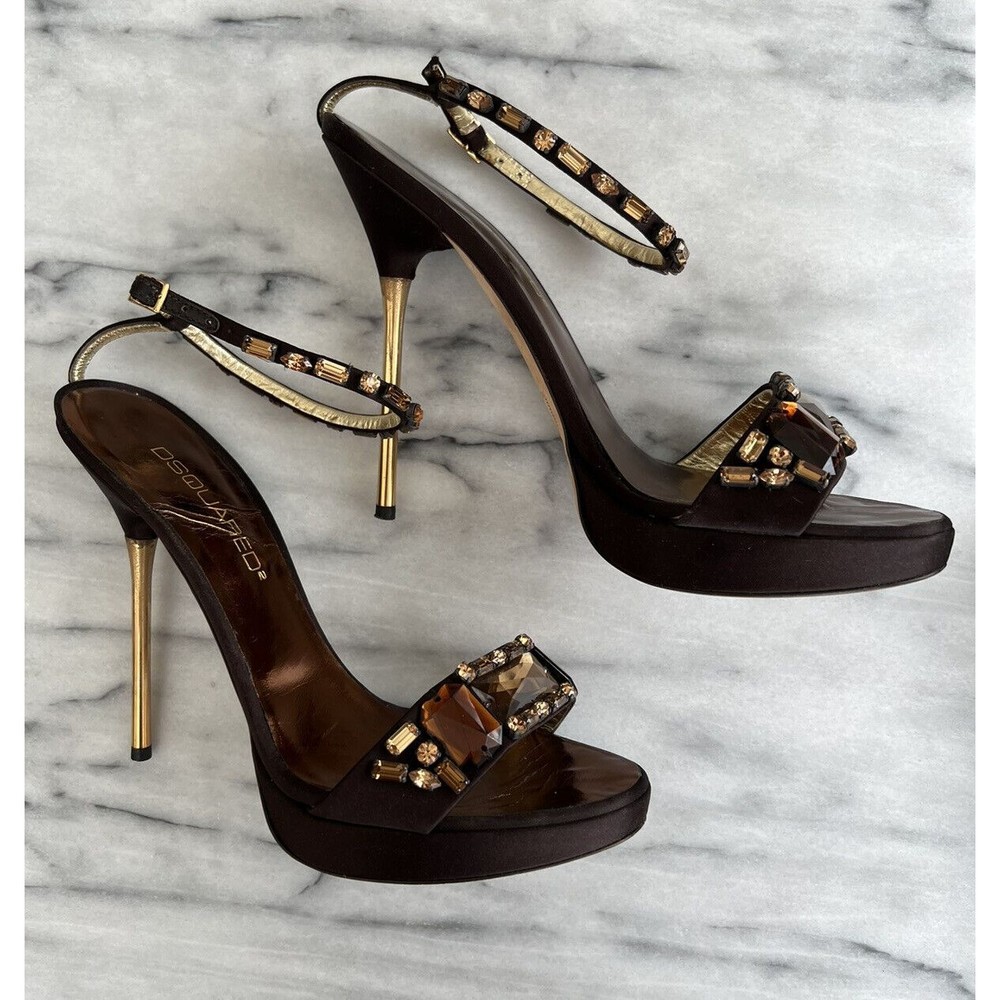 Dsquared2 Satin Sandals Sz 39 US 9 Brown Silk Satin Jeweled Straps Gold Stiletto